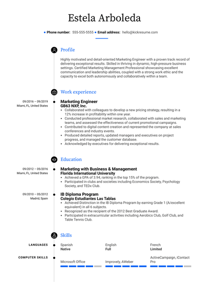 Marketing Engineer Resume Sample