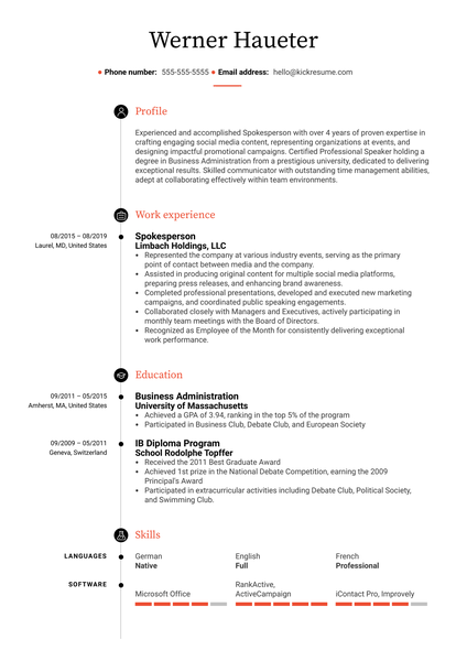 Spokesperson Resume Sample