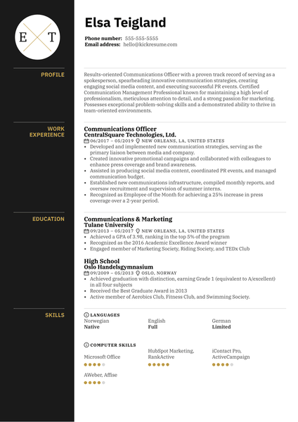 Communications Officer Resume Example