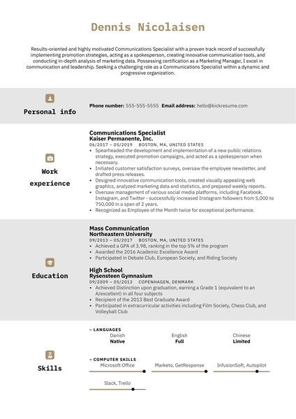 Communications Specialist Resume Sample