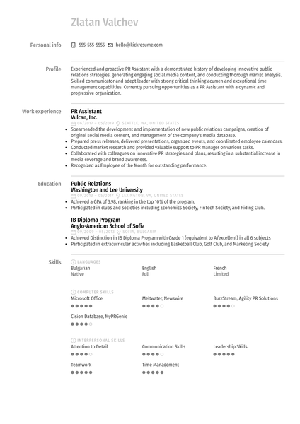 PR Assistant Resume Sample