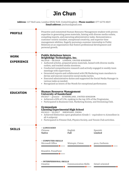 Public Relations Intern Resume Example