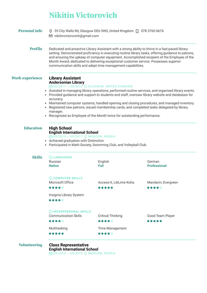 Library Assistant Resume Example