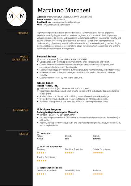 Personal Trainer Resume Sample