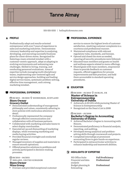 Store Owner Resume Example