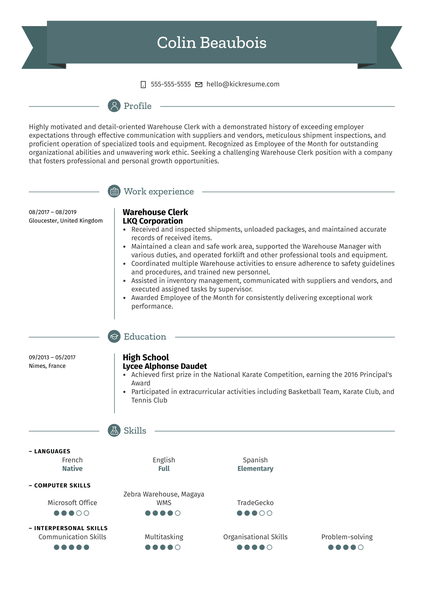 Warehouse Clerk Resume Sample