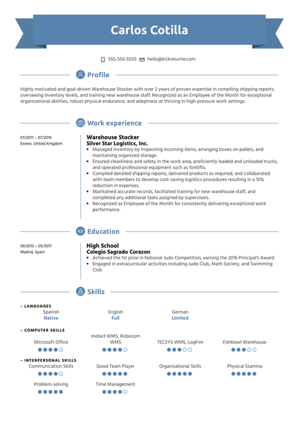 Warehouse Stocker Resume Sample