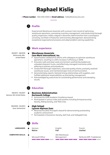 Warehouse Associate Resume Sample