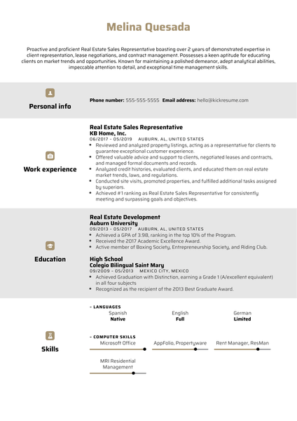 Real Estate Sales Representative Resume Example