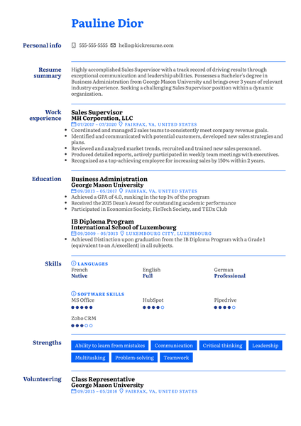 Sales Supervisor Resume Example