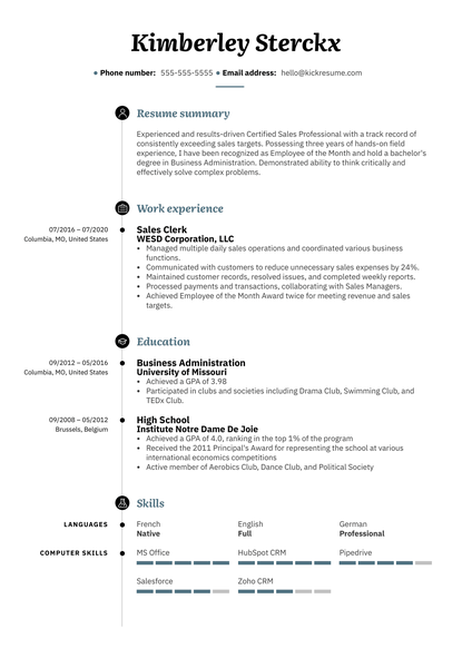 Sales Clerk Resume Example