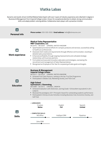 Medical Sales Representative Resume Sample