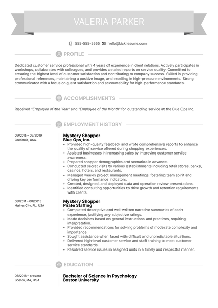 Mystery Shopper Resume Example