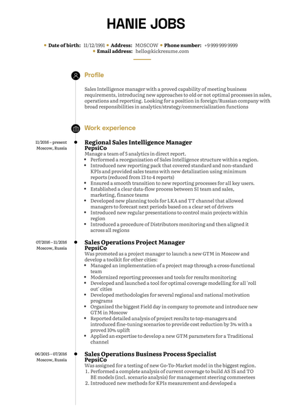 PepsiCo Sales Intelligence Manager Resume Sample