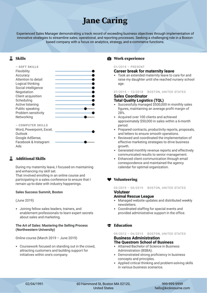 Maternity Leave Sales Manager Resume Sample