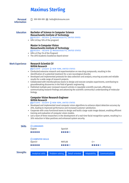 Research Scientist Computer Vision Resume Sample