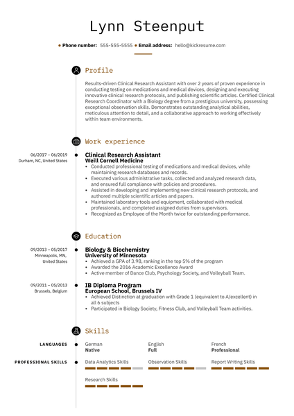 Clinical Research Assistant Resume Example