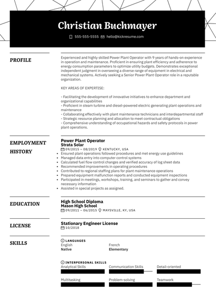 Power Plant Operator Resume Example