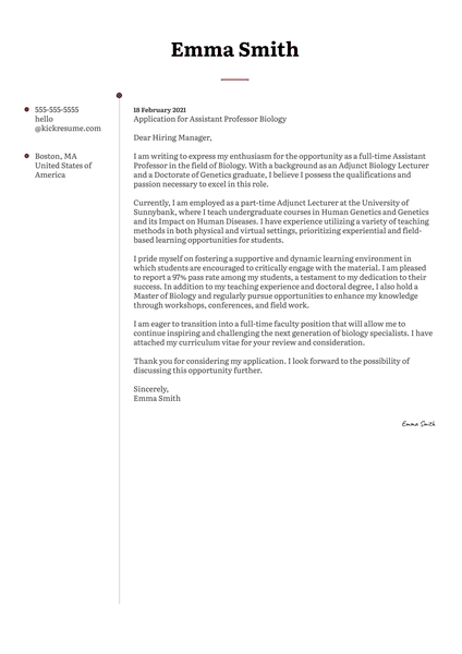 Assistant Professor Biology Cover Letter Sample