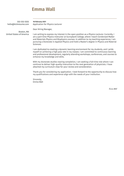 Physics Lecturer Cover Letter Sample