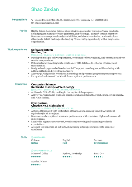 Software Intern Resume Template