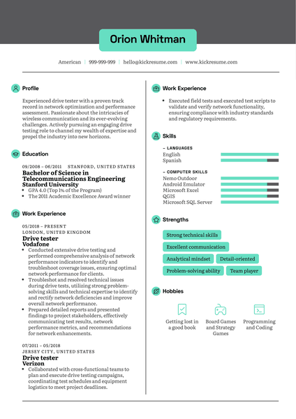 Drive Tester Resume Sample