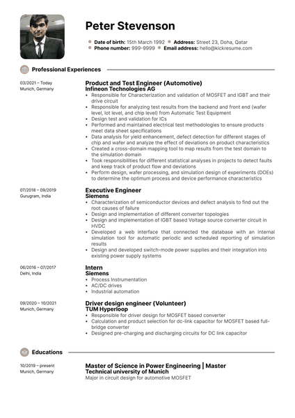 Product and Test Engineer Resume Sample