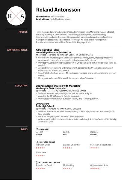 Administrative Intern Resume Sample