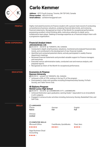 Financial Analyst Intern Resume Example