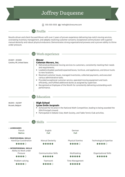 Mover Resume Sample