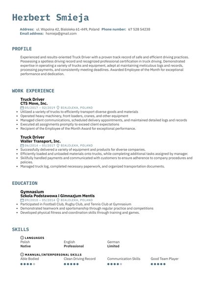 Truck Driver Resume Example