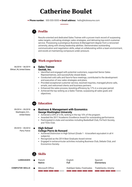 Sales Trainee Resume Example