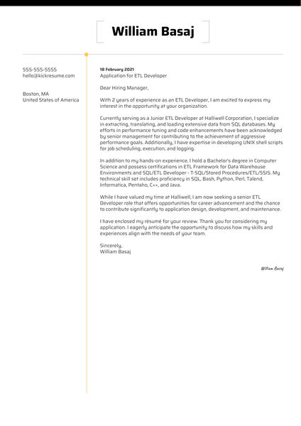 ETL Developer Cover Letter Template