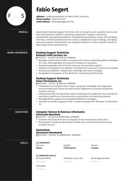 Desktop Support Technician Resume Example