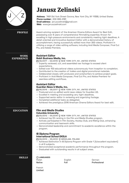 Assistant Editor Resume Example