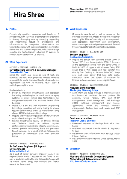 Essen Health Care IT Manager Resume Example