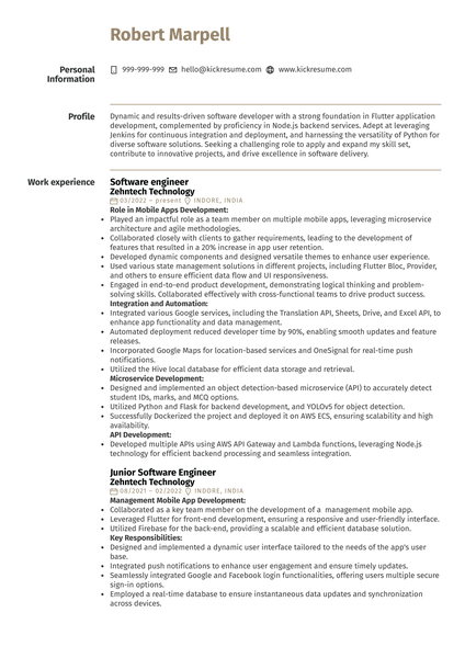 Software Engineer at Zehntech Technology Resume Sample