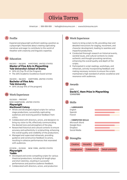 Playwright Resume Sample