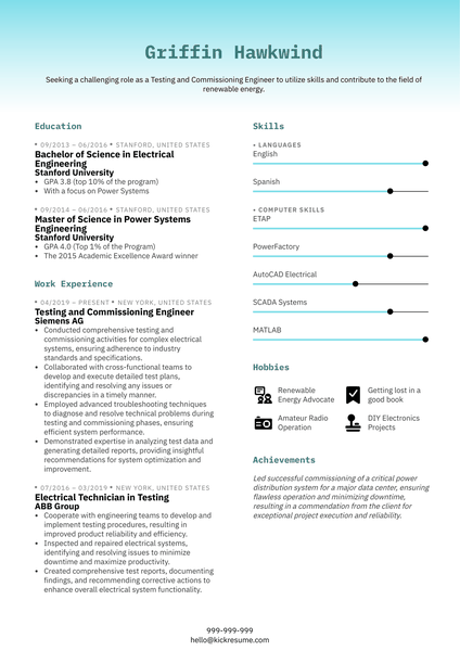 Testing and Commissioning Engineer Resume Sample