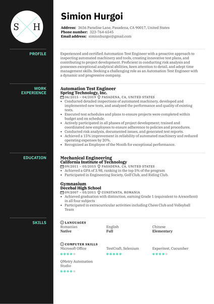 Automation Test Engineer Resume Sample