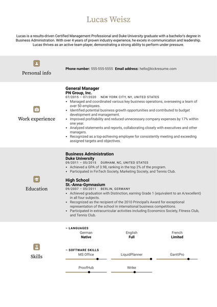 Professional General Manager Resume Example