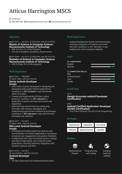 Senior Android Developer Resume Sample