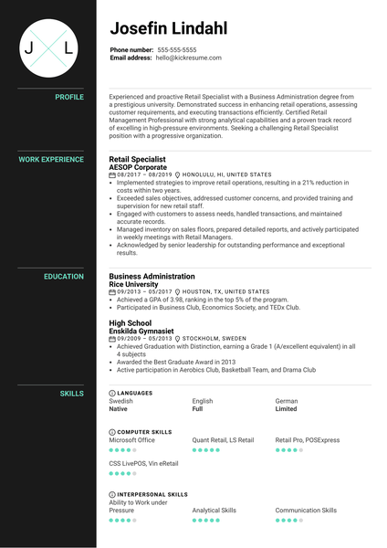 Retail Specialist Resume Example