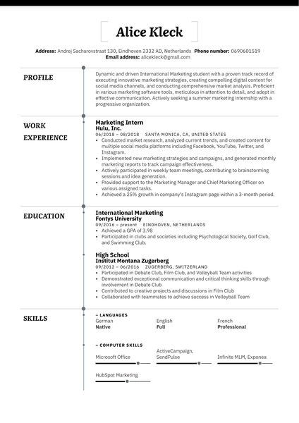 Marketing Intern Resume Example