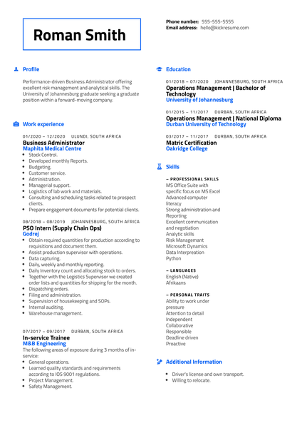 Graduate Job at Unitrans Resume Sample