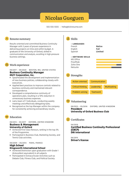 Business Continuity Manager Resume Example