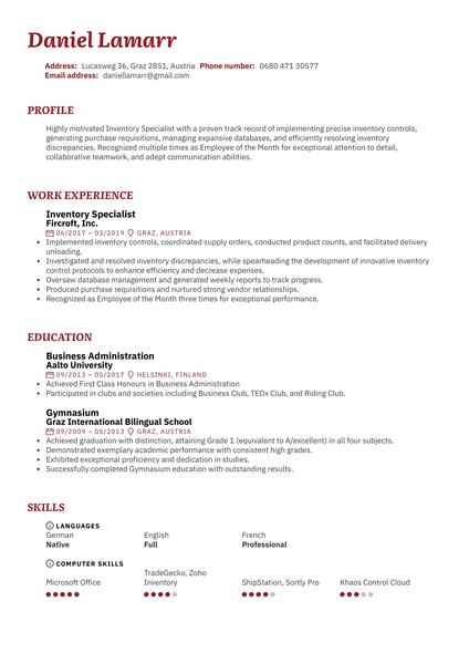 Inventory Specialist Resume Sample