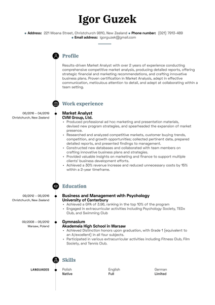 Market Analyst Resume Sample