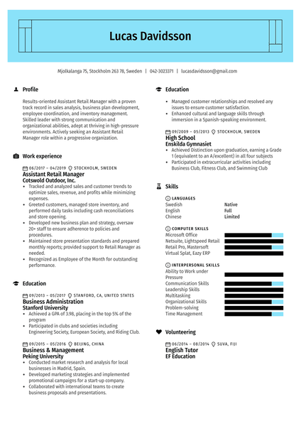 Assistant Retail Manager Resume Sample