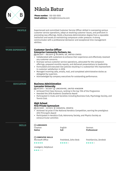 Customer Service Officer Resume Example